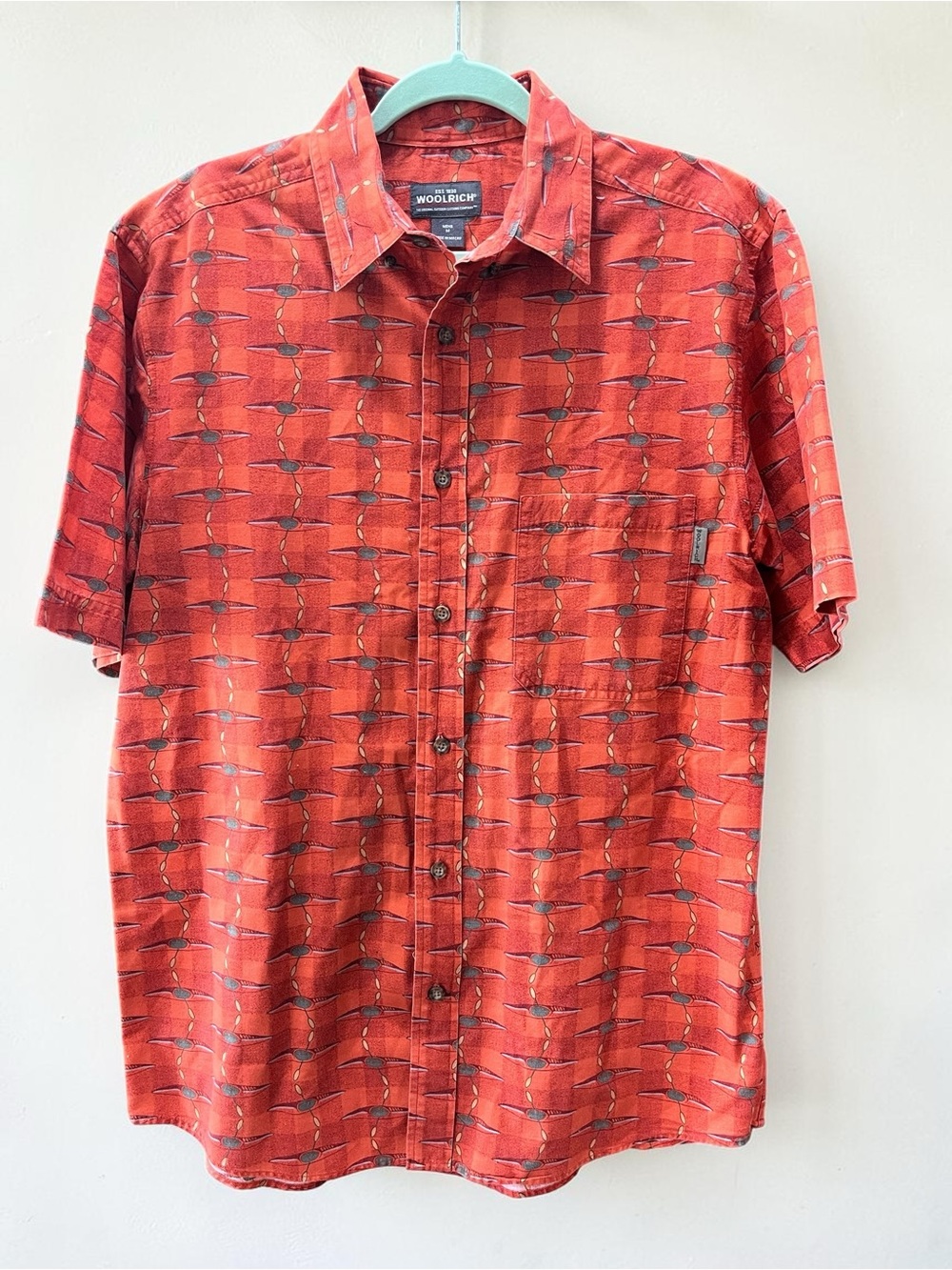 Men’s Brick Kayaks tiki style vintage orange all over print button shirt-M